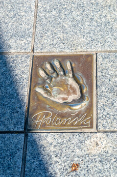 Miedzyzdroje, Poland - May 3, 2026: Handprint and signature of Rajmund Roman Thierry Polanski at Walk of Fame, Promenade of Stars (Promenada Gwiazd).