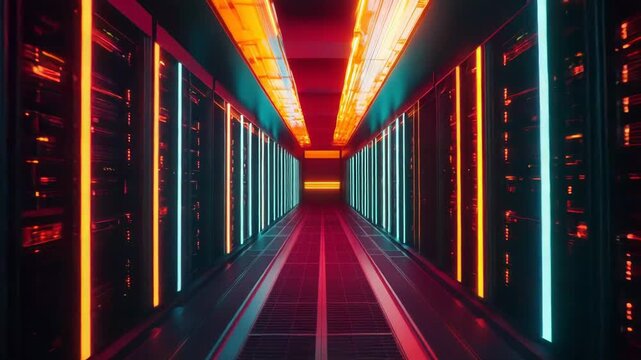 Server room corridor displaying rows of glowing racks, symbolizing advanced digital infrastructure, cloud computing, and big data technology within a secure network environment