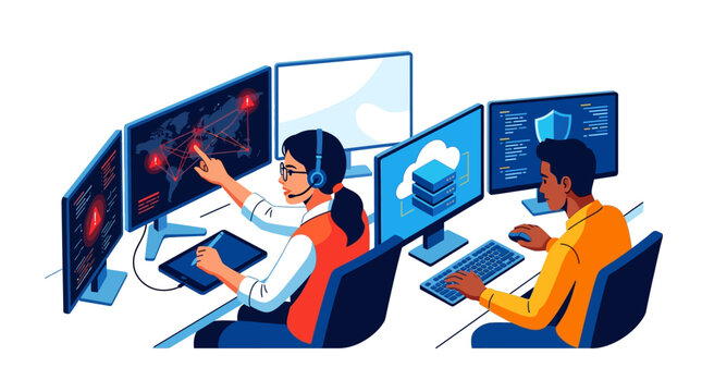 Cybersecurity and IT Support Professionals Monitoring Global Data Network and Cloud Infrastructure in Operations Center Flat Vector Illustration