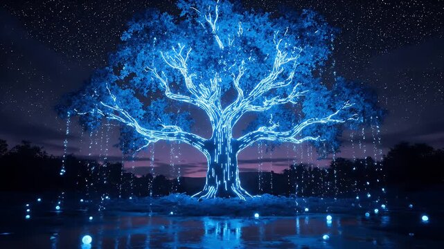 Glowing digital tree of life with neon blue data lines and sparkling lights outdoors