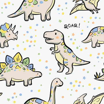 Seamless Pattern with Cute Cartoon Dinosaurs and Colorful Dots