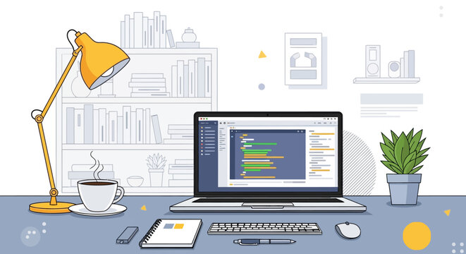 Illustration of a programmer's workspace with laptop and coffee, showcasing coding process