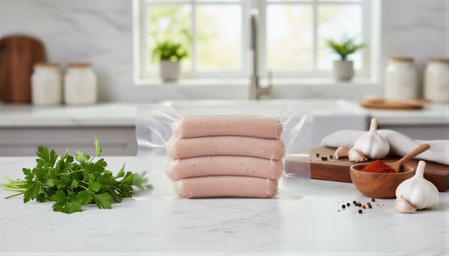Rustic display of fresh poultry sausages with organic herbs and spices