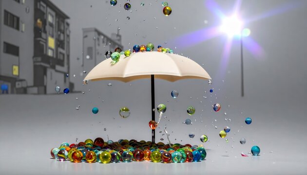 A miniature umbrella shields a collection of iridescent marbles during a whimsical rain shower of glass spheres.