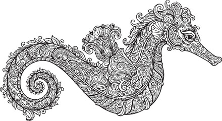 Intricate Zentangle Style Seahorse Illustration with Detailed Ornate Floral Patterns and Decorative Elements for Creative Coloring Page and Graphic Art Projects © Dishari Team