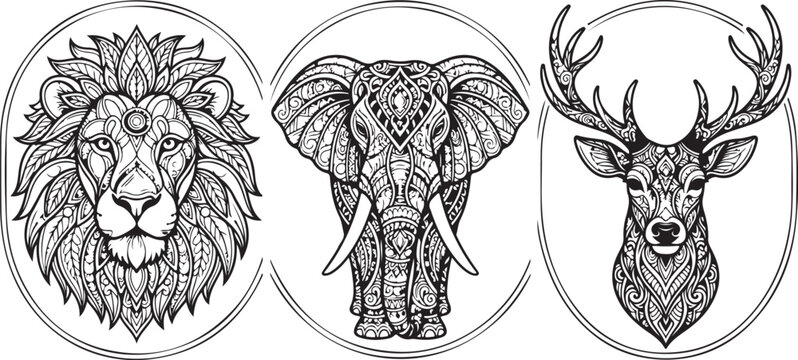 Collection of Ornate Zentangle Style Animal Head Portraits Featuring Lion, Elephant, and Deer with Intricate Floral Patterns for Creative Coloring Page and Decorative Graphic Design