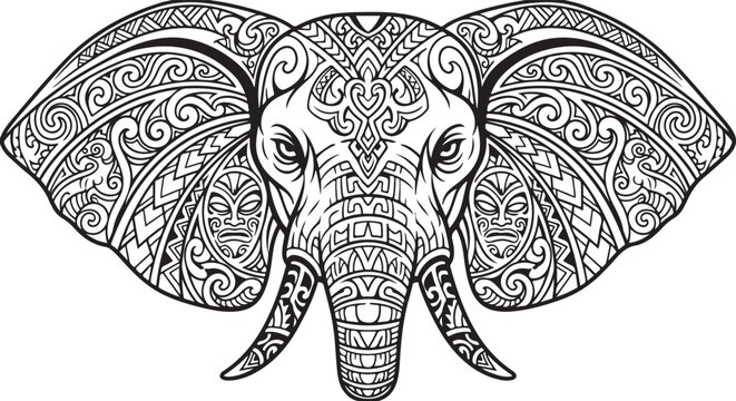 Intricate Elephant Head Illustration with Ornate Tribal Polynesian Tattoo Style Patterns Black and White Vector Graphic