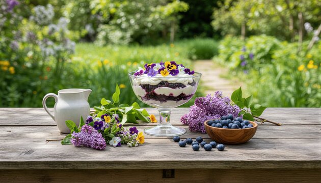 Rustic floral berry trifle with fresh garden ingredients