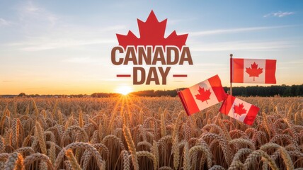 Canada Day graphic with Canadian flags in a golden wheat field at sunset