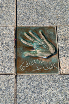 Miedzyzdroje, Poland - May 3, 2026: Handprint and signature of Tadeusz Huk at Walk of Fame, Promenade of Stars (Promenada Gwiazd). Tadeusz Huk is a Polish film actor.