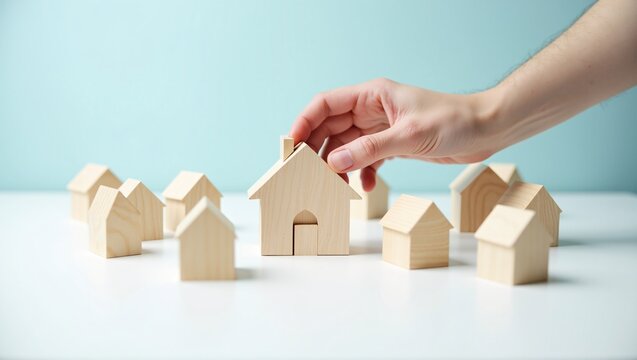 A hand selects a larger wooden house model from a group of smaller ones, symbolizing real estate choice, home selection, or property investment.