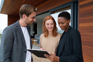 Fototapeta premium Real estate agent reviewing property paperwork with young couple on contemporary wood clad home terrace for listing and client consultation