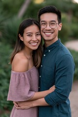 Obraz premium Happy couple standing close and hugging on path with greenery for engagement portrait and romantic lifestyle background