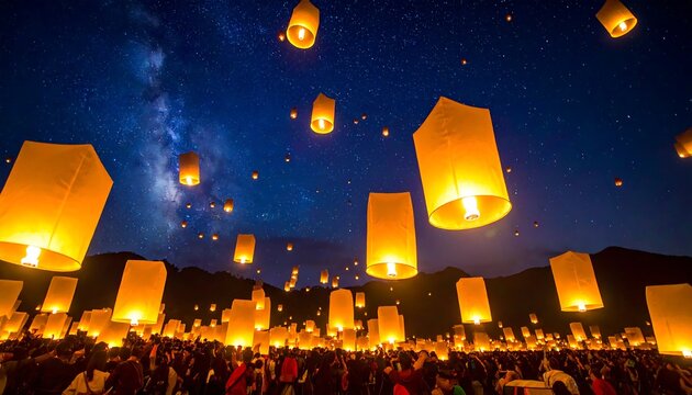 Lantern flies and floating in the night starry sky