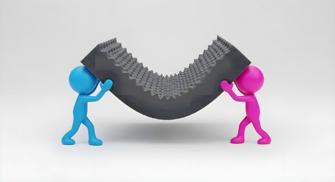Two figures carrying a piece of dark grey convoluted foam