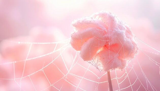 A giant fluffy pink candy floss web against a soft, ethereal pastel background, a sweet and dreamy confectionary creation.
