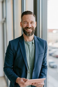 Professional businessman smiling with tablet near window for corporate profile and executive headshot background
