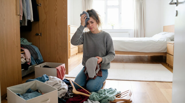 Woman organizing cluttered wardrobe while feeling overwhelmed in bedroom for home organization tips, minimalism blogs, mental health awareness, and lifestyle content