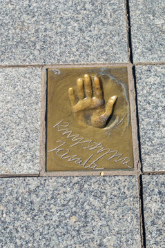 Miedzyzdroje, Poland - May 3, 2026: Handprint and signature of Krystyna Jolanta Janda at Walk of Fame, Promenade of Stars (Promenada Gwiazd). Janda is a Polish film actor.