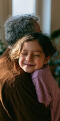 Obraz premium Child hugging grandparent from behind smiling with closed eyes for warm family background and banner design