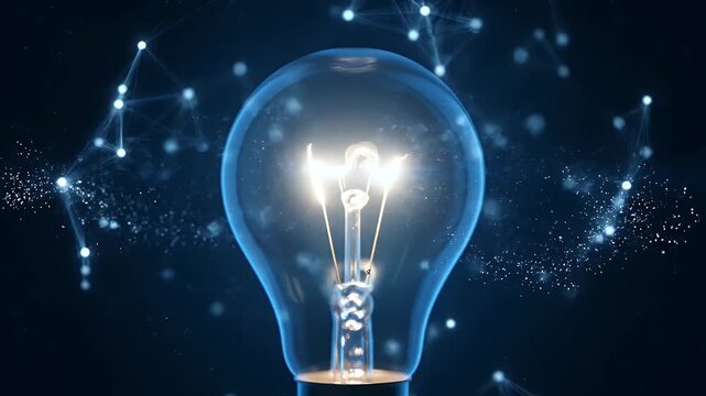 Glowing light bulb with digital network connections on a dark blue tech environment.