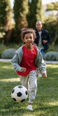 Obraz premium Child playing soccer in a backyard with parent running behind for sports banner and family activity background