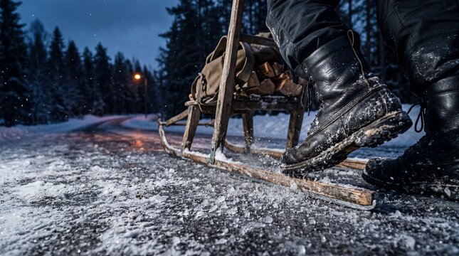 Salt-stained winter boots pushing wooden kick sled on ice