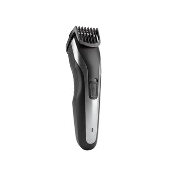 Professional electric hair clipper with adjustable comb, modern cordless beard trimmer for male grooming, black and silver hair cutting machine isolated on Transparent Background