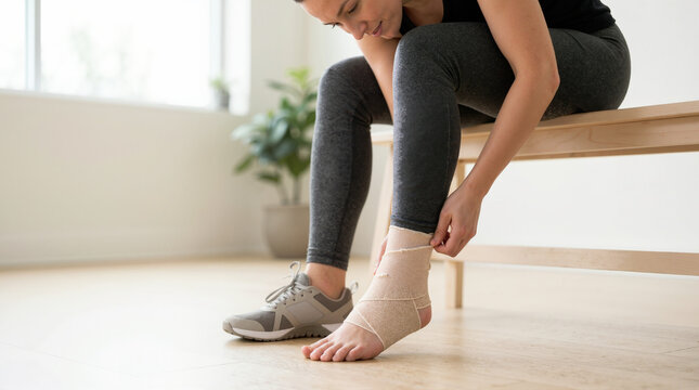 Woman applying elastic ankle support on her foot while sitting on a bench for injury prevention, fitness advice, rehabilitation tips, and health blogs