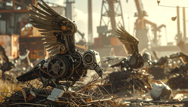 Steampunk robotic birds with intricate clockwork gears constructing nests amidst industrial scrap metal in a unique artistic vision.
