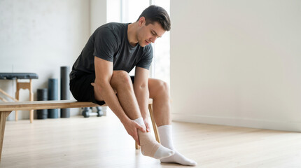 Fototapeta premium Young man treating ankle sprain with bandage in fitness studio for health blogs, injury recovery websites, and sports injury awareness campaigns