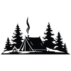 Obraz premium Forest campsite vector silhouette illustration with tent, trees, and campfire, cozy scene.