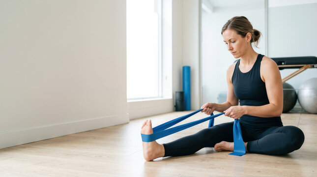 Woman stretching ankle with resistance band in bright rehabilitation studio for fitness blogs, physical therapy websites, health guides, and wellness content