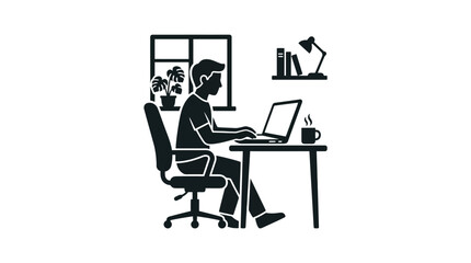 Fototapeta premium Professional working at a desk uses a laptop computer in a home office setting surrounded by indoor plants and books.
