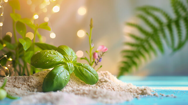 Fresh basil sprout with wildflower and lavender in summer still-life, product hero shot with fairy lights, tilt‑shift high‑contrast style