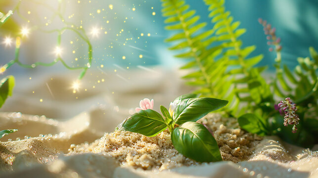 Fresh basil sprout breaking through dewy potting soil with wildflower bud and lavender fern, bright summer still‑life, high‑contrast studio lighting