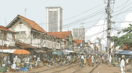 Fototapeta premium Urban street scene illustration buildings people overhead cables day exterior