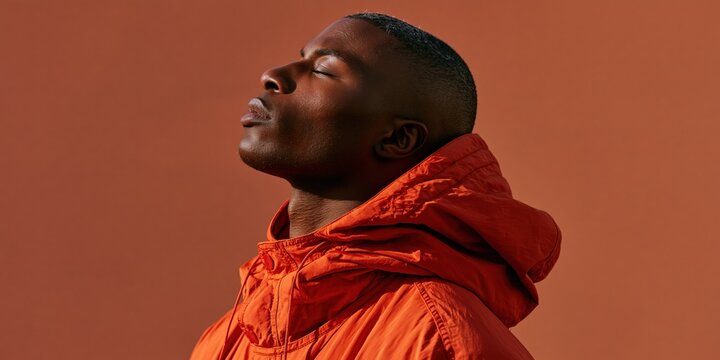 Close-up portrait of black man in orange hooded jacket against warm terracotta background for fashion background and banner design