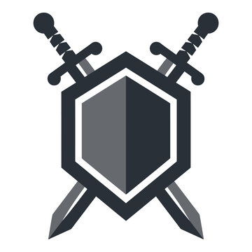 Gray shield with two crossed swords on white background icon