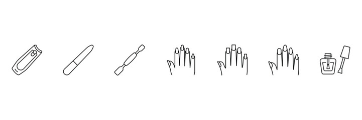 Obraz premium Manicure tools and hand nail icon set with clipper file pusher polish vector line illustration.