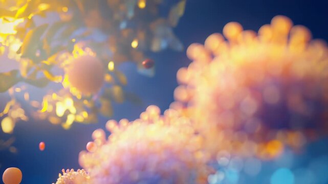 Coronavirus like particles with spike proteins infecting and replicating within host cells, illustrating cellular level contamination and the immune response to pathogens in a scientific context