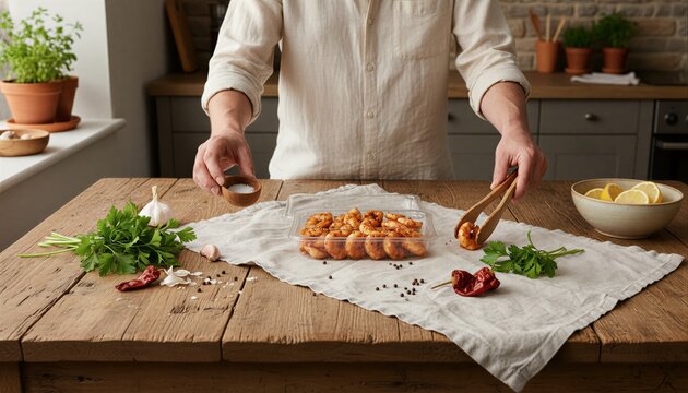 Rustic table setting with fresh garlic and chili seasoned prawns