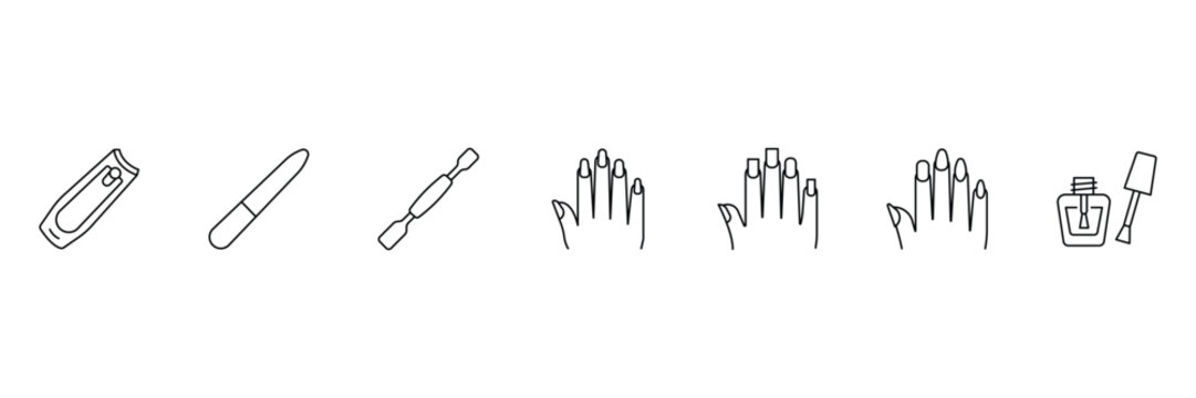 Manicure tools and hand nail icon set with clipper file pusher polish vector line illustration.