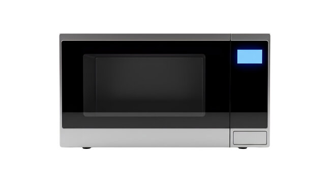 Modern stainless steel microwave oven with digital display, sleek silver kitchen appliance for food heating, contemporary electric microwave cooker isolated on Transparent Background