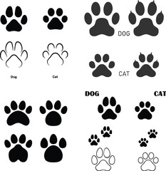 Fototapeta premium Vector set of dog and cat paw print silhouettes and line art icons isolated on white background for veterinary and pet design
