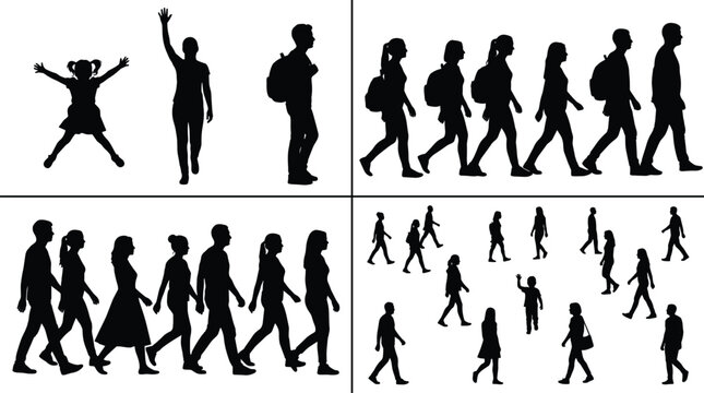 Set of walking people silhouettes featuring groups of men women and children in motion isolated on white background