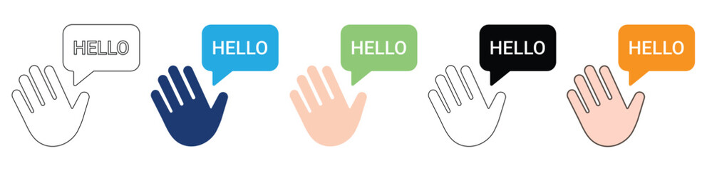 Waving Hand with Hello Speech Bubble Icon Set. Welcome, Greeting, Chat, Message, Communication, Friendly, Onboarding, Gesture. Editable Vector Illustration © Iconova Studio