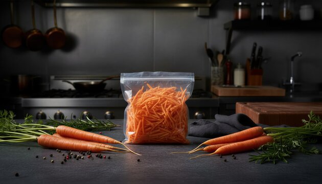 Shredded carrots in dramatic low-key lighting with earthy textures