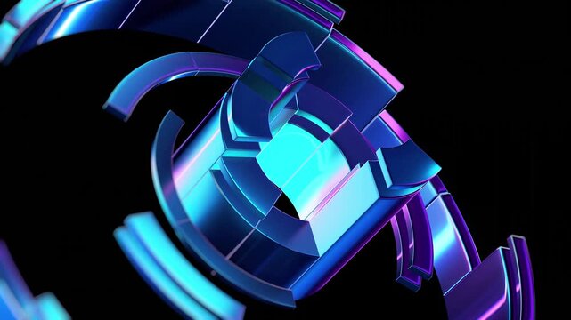 3D blue, cyan, and purple metallic chrome layered rings spinning like a gyroscope on a dark black background. Ideal for technology, gaming, music, futuristic, and abstract motion concepts.