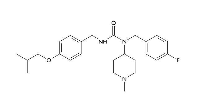pimavanserin molecule, structural chemical formula, ball-and-stick model, isolated image atypical antipsychotic drug